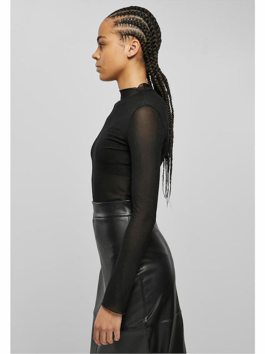 Long Sleeve Turtleneck Bodysuit with Transparency Slim Fit Black
