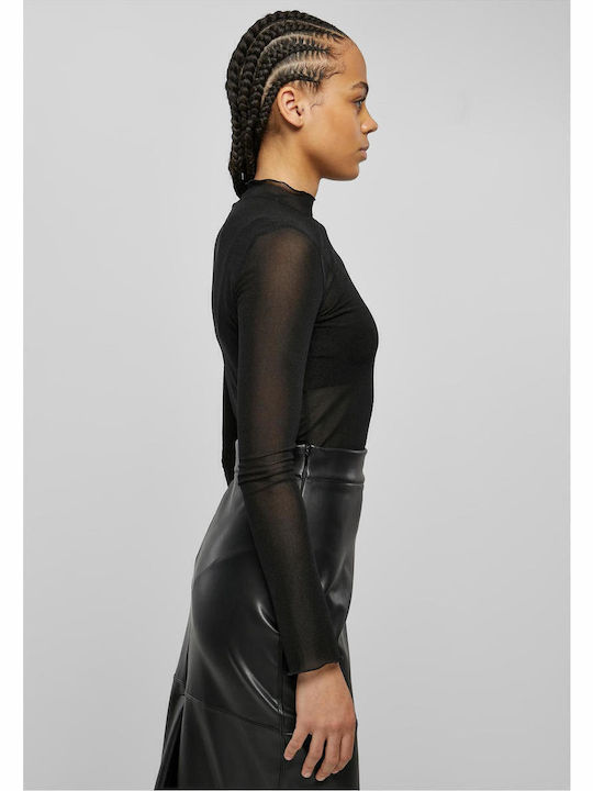 Long Sleeve Turtleneck Bodysuit with Transparency Slim Fit Black
