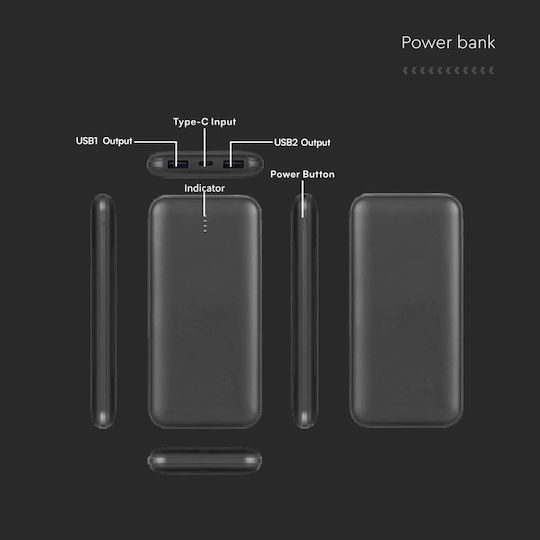 V-TAC VT-3527 Power Bank 10000mAh 10W με 2 Θύρες USB-A Μαύρο
