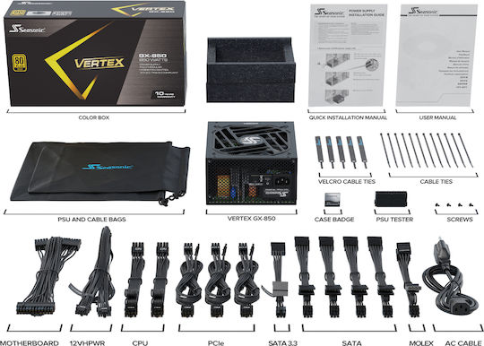 Seasonic Vertex GX 850W Μαύρο Τροφοδοτικό Υπολογιστή Full Modular 80 Plus Gold