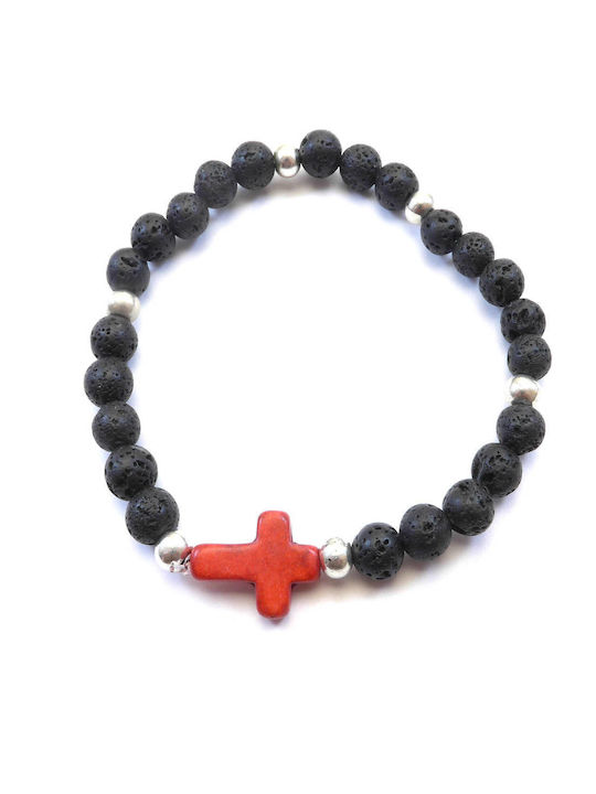 Elastic bracelet with lava beads 6mm and cross haolite 16mm ready 53-60mm Fuchsia