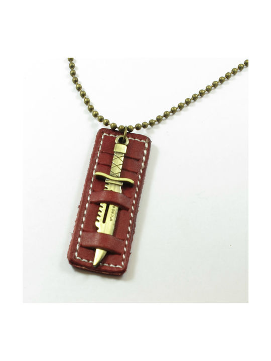 Men's necklace metallic pendant with ball chain and leather Gun red