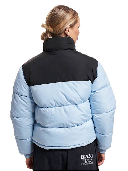 Women's Short Puffer Jacket Double Sided for Winter Light Blue