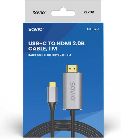 Savio CL-170 HDMI 2.0 Premium High Speed 4K 60Hz HDR Cable HDMI male - USB-C male 1m Ασημί