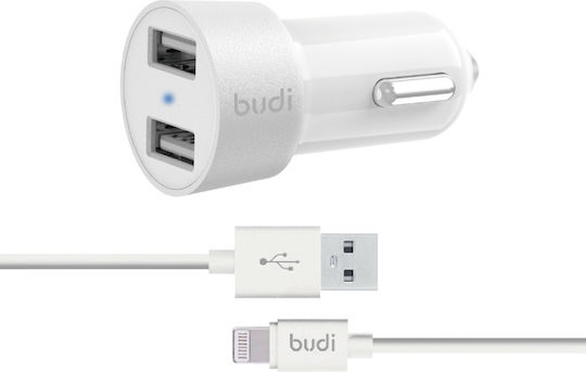 Budi Φορτιστής Αυτοκινήτου 24W 4.8A με Θύρες: 2xUSB μαζί με Καλώδιο Lightning Λευκός