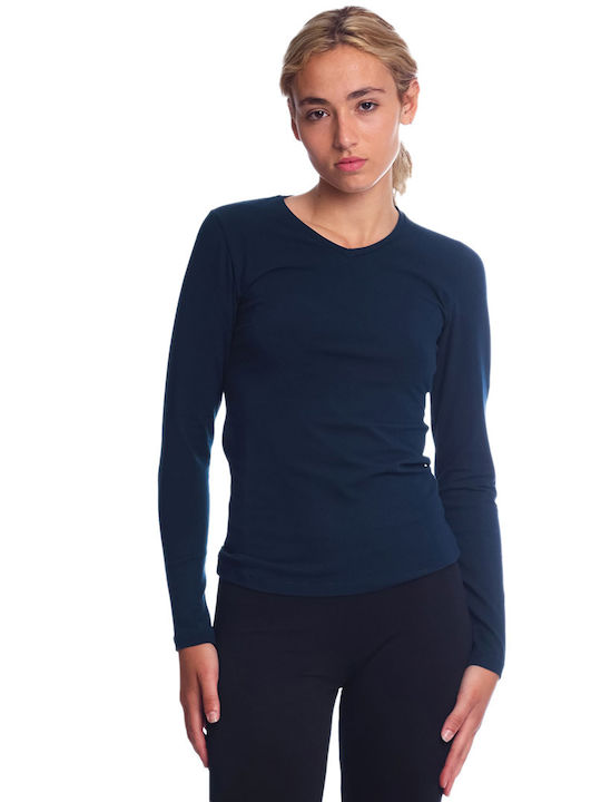 Paco & Co Women's Blouse Cotton Long Sleeve with V Neckline Blue