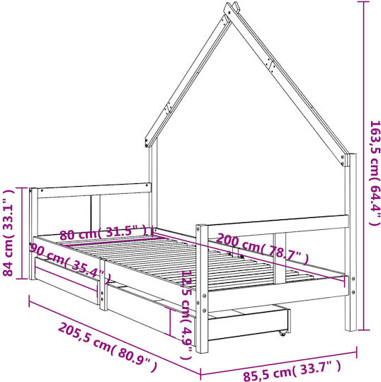 Pat pentru Copii Single cu Spațiu de Depozitare Alb pentru Saltea 80x200cm