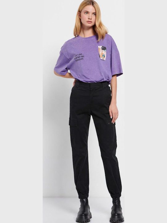 Women's High-waisted Fabric Cargo Trousers Regular Fit Black