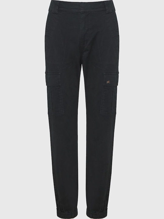 Women's High-waisted Fabric Cargo Trousers Regular Fit Black