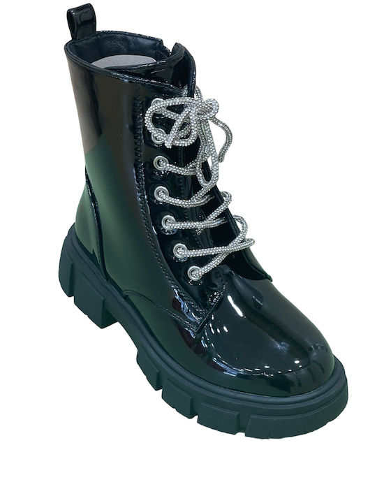 Anatomisch Kinderstiefel aus Lackleder mit Schnürsenkeln Schwarz