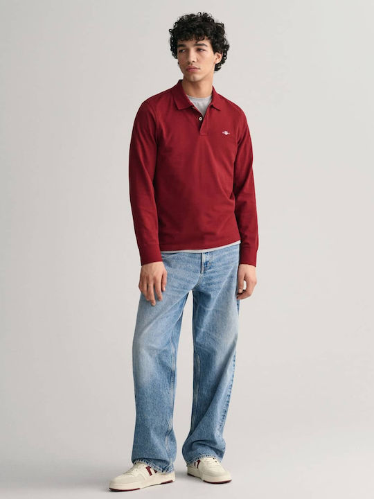 Shield Pique Rugger Polo Long Sleeve Blouse Burgundy