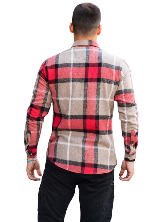 Kedi Men's Shirt Overshirt Long Sleeve Checked Red