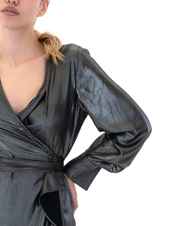 Midi Abendkleid Wickel mit Rüschen Silber