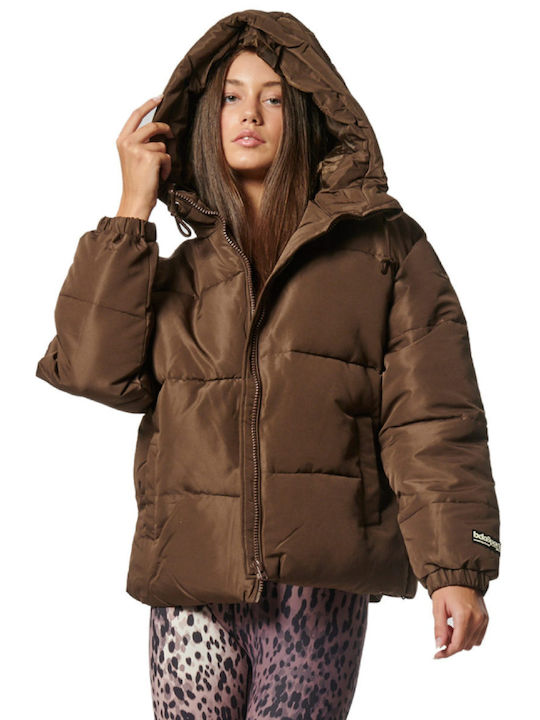 Body Action Women's Short Puffer Jacket for Winter with Hood Brown