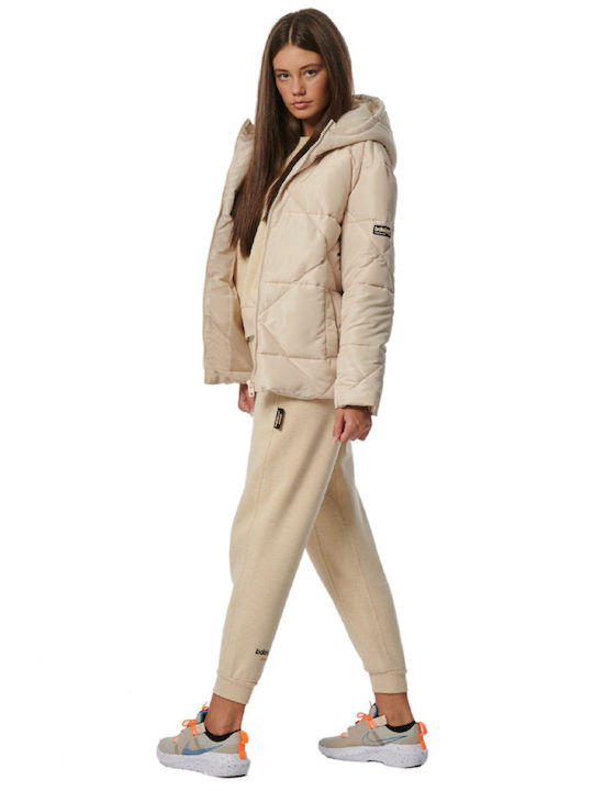 Κοντό Γυναικείο Puffer Μπουφάν για Χειμώνα French Oak Beige