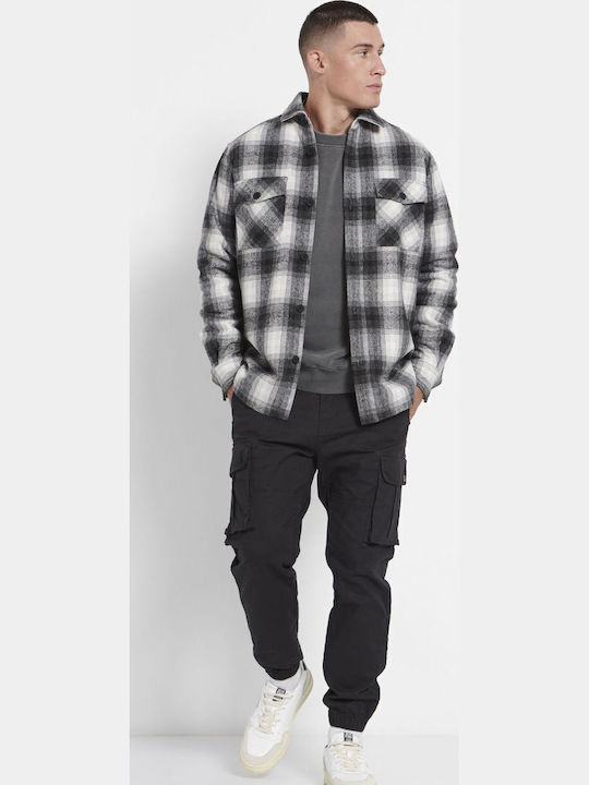Long Sleeve Flannel Overshirt in Regular Fit Checked Black