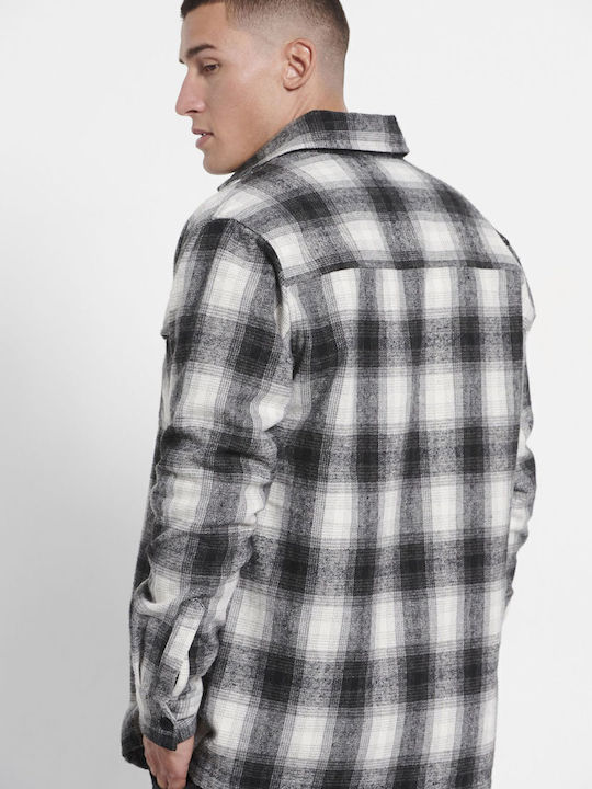 Long Sleeve Flannel Overshirt in Regular Fit Checked Black