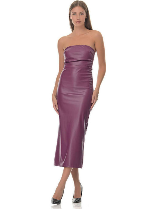 Midi Βραδινό Φόρεμα Strapless Δερμάτινο με Σκίσιμο Μωβ