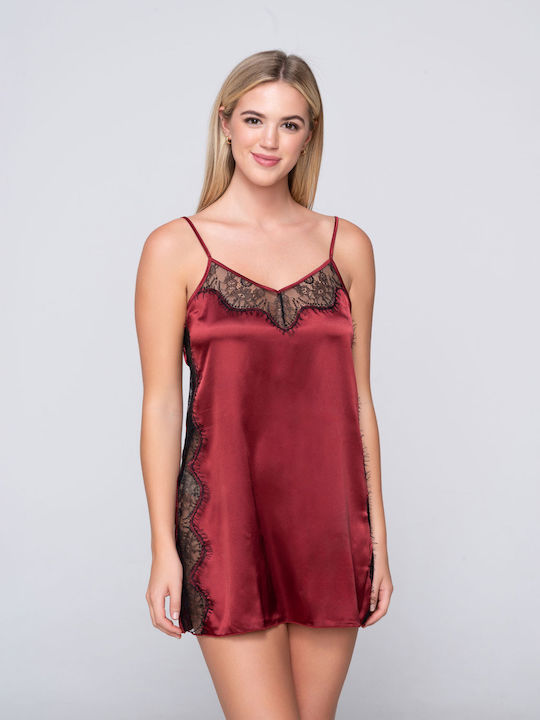 Luna Winter Satin Women's Nightdress Bordeaux With Black Details