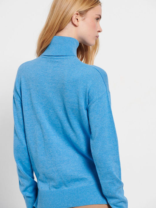 Women's Long Sleeve Sweater Cotton Turtleneck Blue