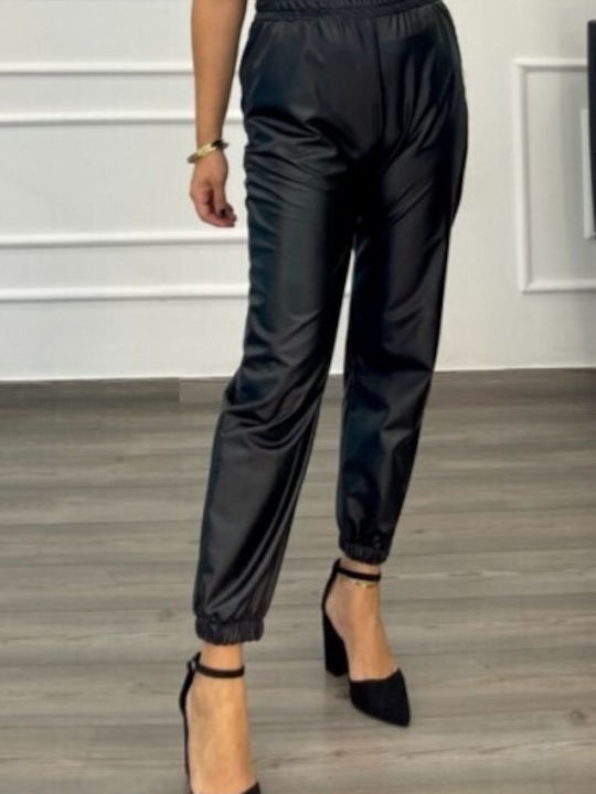 Woman's Fashion Women's Leather Cargo Trousers with Elastic Black