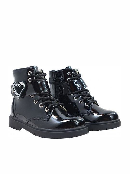 Lelli Kelly Kids Patent Leather Military Boots with Zipper Black