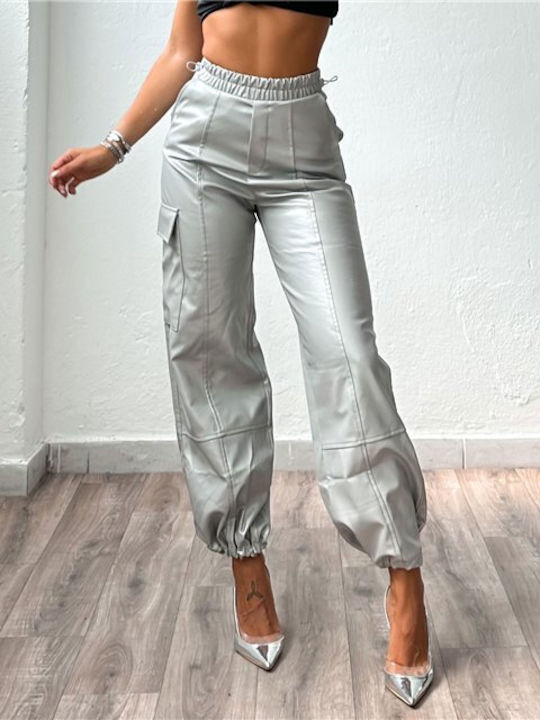 Chica Damen Hoch tailliert Leder Hose Silber