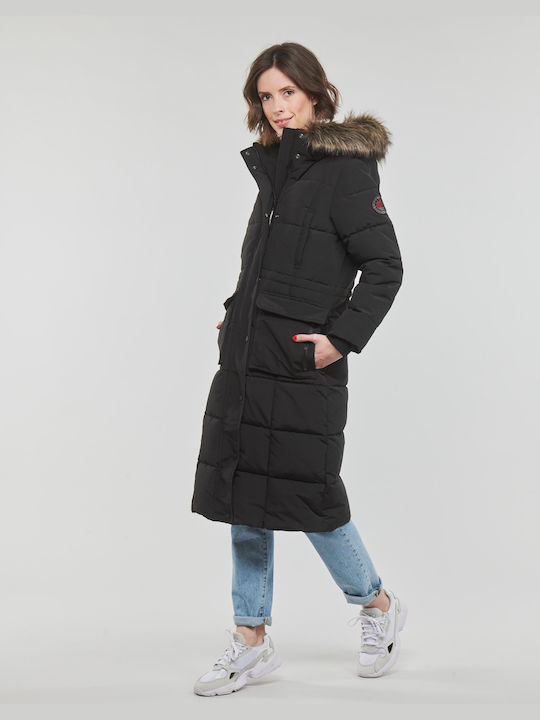 Superdry Everest Lang Damen Puffer Jacke für Winter Schwarz