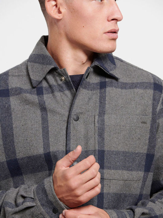 Дълъг Ръкав Фланелена Overshirt с Прекалено Голяма Линия Каре Сив