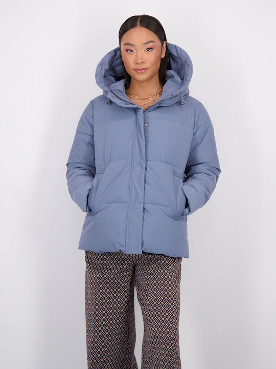 Axel Women's Short Puffer Jacket for Winter with Hood Blue