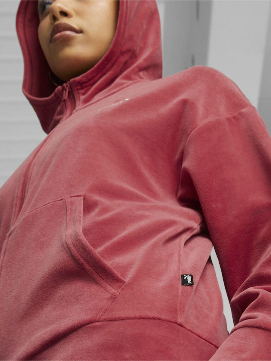 Elevated Women's Sweatshirt Jacket Velvet Hooded Red