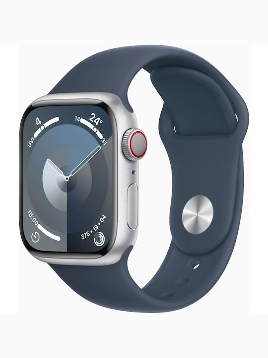 Apple Watch Series 9 Cellular Stainless Steel 45mm Αδιάβροχο με eSIM και Παλμογράφο (Silver με Storm Blue Sport Band (S/M))