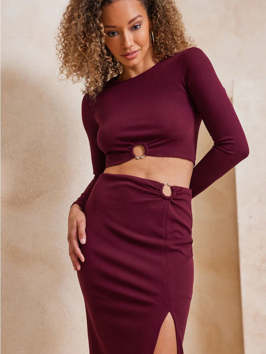 Enzzo pentru Femei Crop Top cu Mâneci Lungi Violet