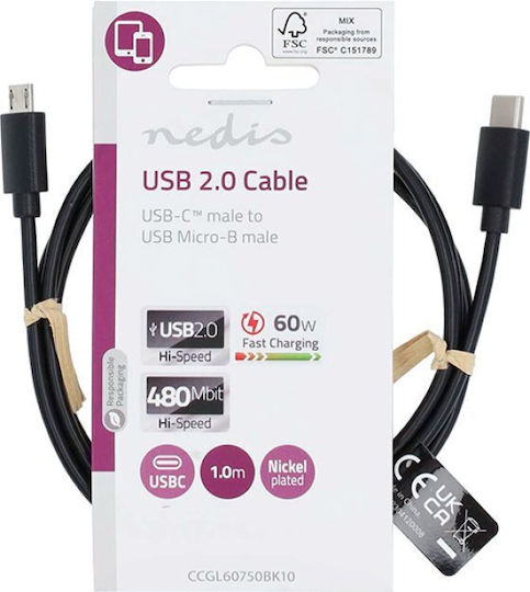 Nedis USB 2.0 Cable USB-C Male - micro USB-B 60W Black 1m CCGL60750BK10 Bulk