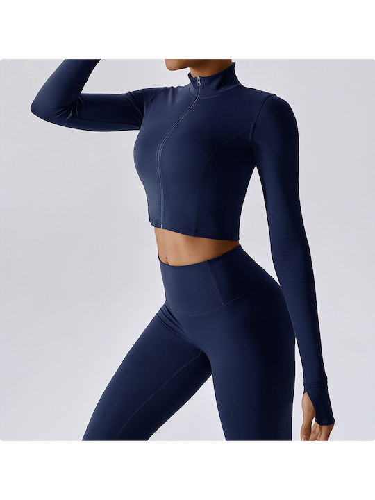 Monica Short Women's Cardigan with Zipper in Navy Blue Color