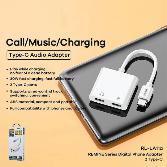 Remax RL-LA11a Μετατροπέας USB-C male σε USB-C 2x female Λευκό 1τμχ