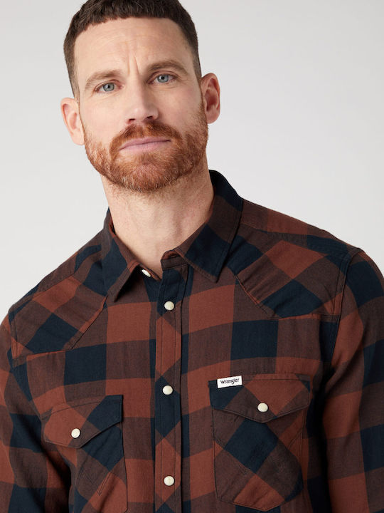 Long-sleeved Cotton Shirt Checked Brown