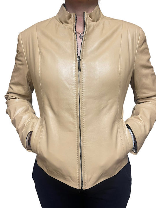 MARKOS LEATHER Women's Short Biker Leather Jacket for Winter Beige