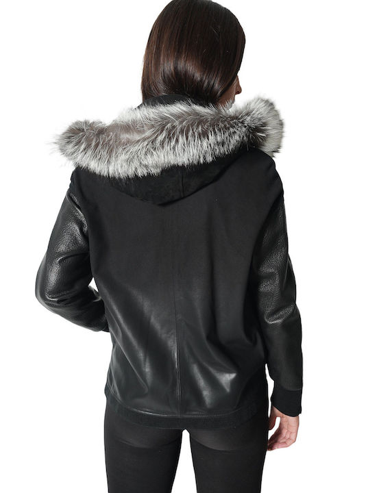 MARKOS LEATHER Women's Short Lifestyle Leather Jacket for Winter with Detachable Hood Black