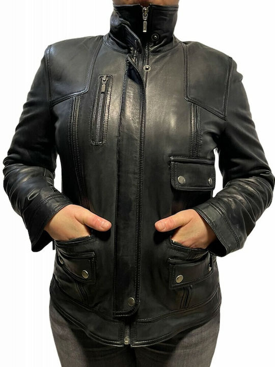 MARKOS LEATHER Women's Short Biker Leather Jacket for Winter Black