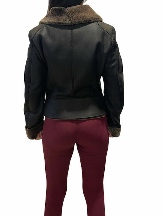 MARKOS LEATHER Δερμάτινο Γυναικείο Biker Jacket με Επένδυση Γούνας Μαύρο