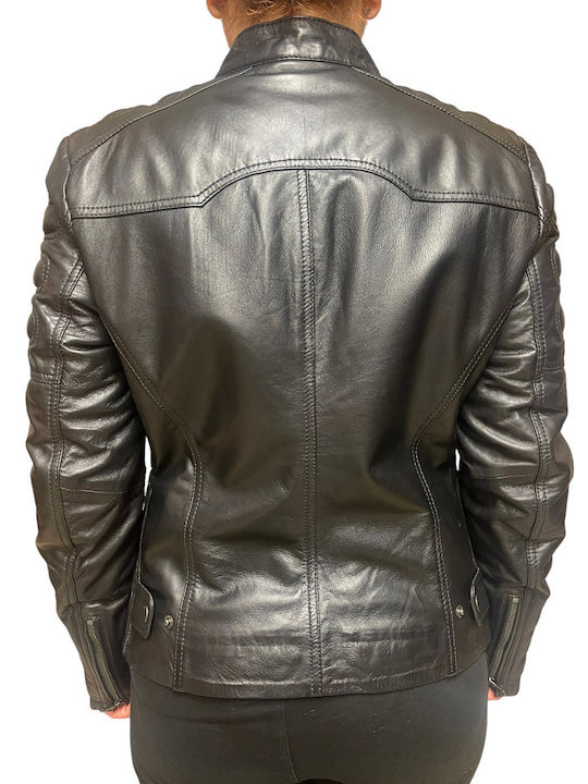 MARKOS LEATHER Women's Short Biker Leather Jacket for Winter Black