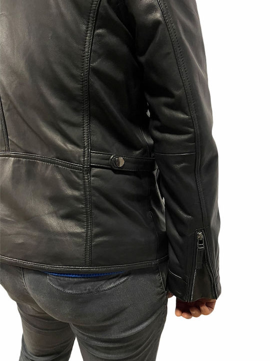 MARKOS LEATHER Ανδρικό Δερμάτινο Χειμωνιάτικο Μπουφάν Biker Μαύρο