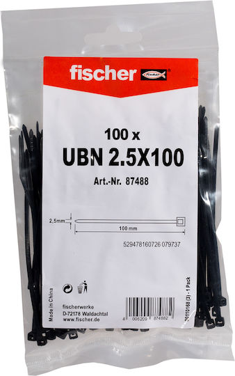 fischer Cable Ties Plastic 100mm x 2.5mm in Black Colour (100 pcs) (87488)