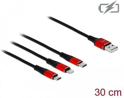 DeLock Regular USB to Lightning / Type-C / micro USB Cable Μαύρο 0.3m (85891)
