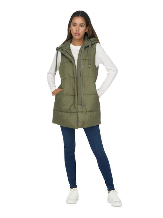 Only Women's Short Puffer Jacket for Winter with Hood Khaki