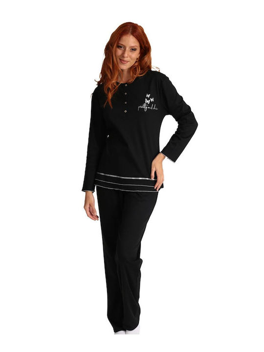 Lydia Creations Winter Damen Pyjama-Set Baumwolle Schwarz