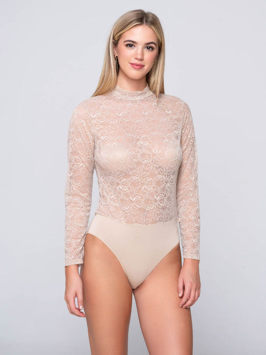 Luna Long Sleeve Turtleneck Bodysuit with Lace Regular Fit Beige