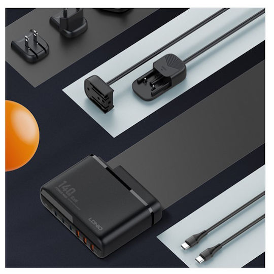 Ldnio Mobile Phone Charger Without Cable GaN With 3 USB-A Ports And 3 USB-C Ports 140W Power Delivery / Quick Charge 3.0 Black (A6140)