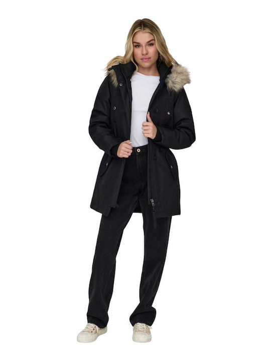 Only Women's Short Puffer Jacket for Winter with Hood Black/Beige